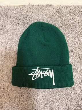 Stussy Dark Green Cuffed Beanie with White Script Logo